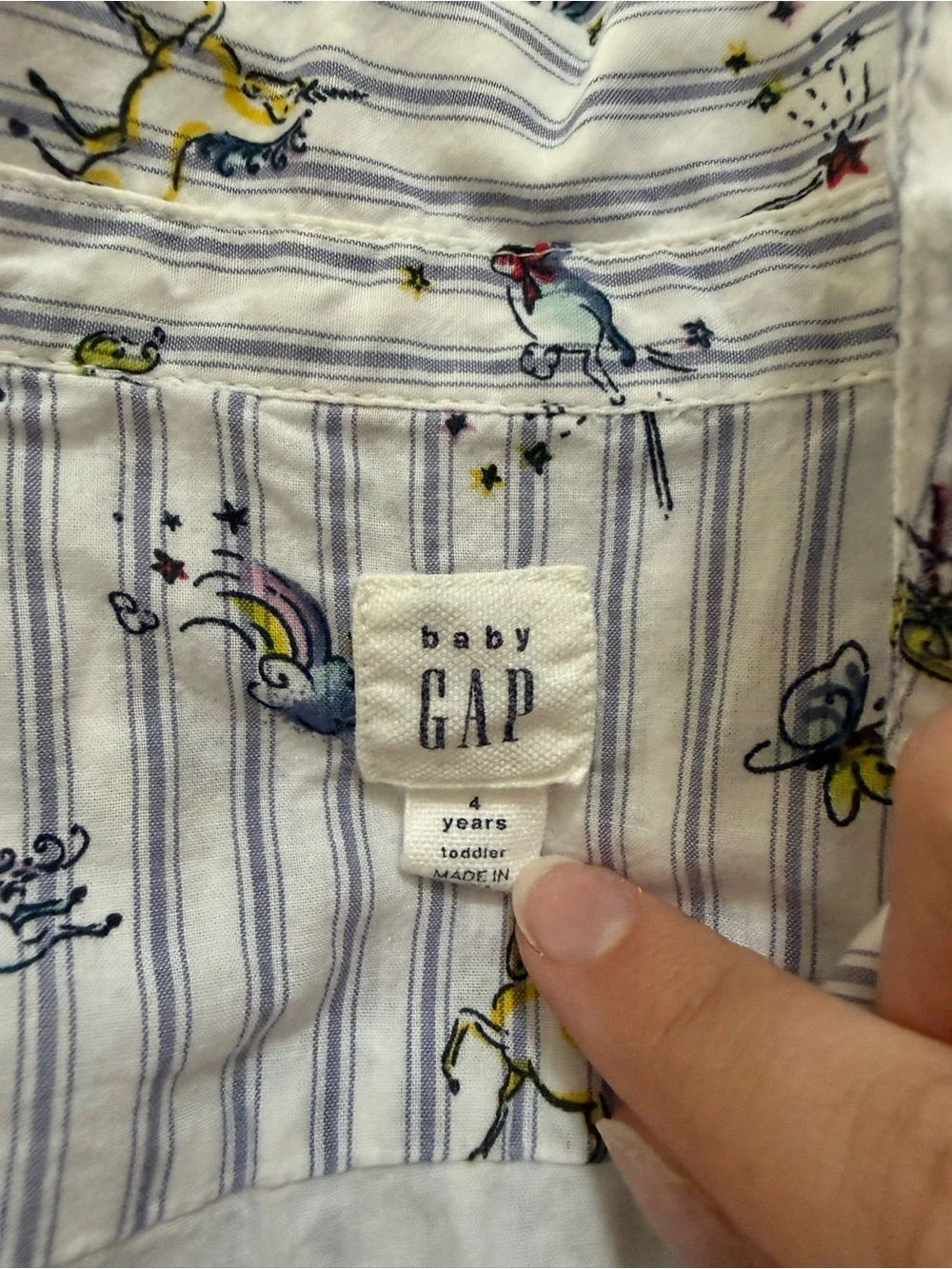 GAP Baby Blue & White Striped Dress with Colorful Unicorn Motifs